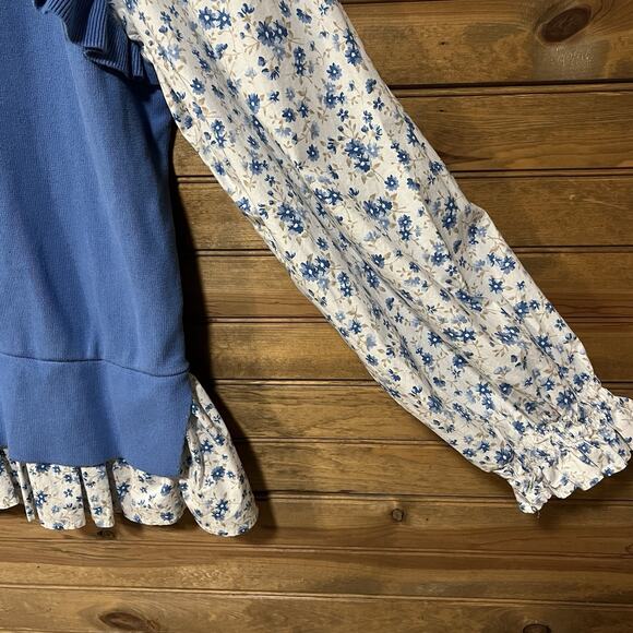 By Anthropologie Flutter Sleeve Layered Sweater Blue Floral Women’s Size 1X Boho - Picture 11 of 14